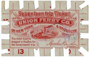 Boleto de diecisiete viajes, emitido por Union Ferry Co. de Nueva York y Brooklyn de American School